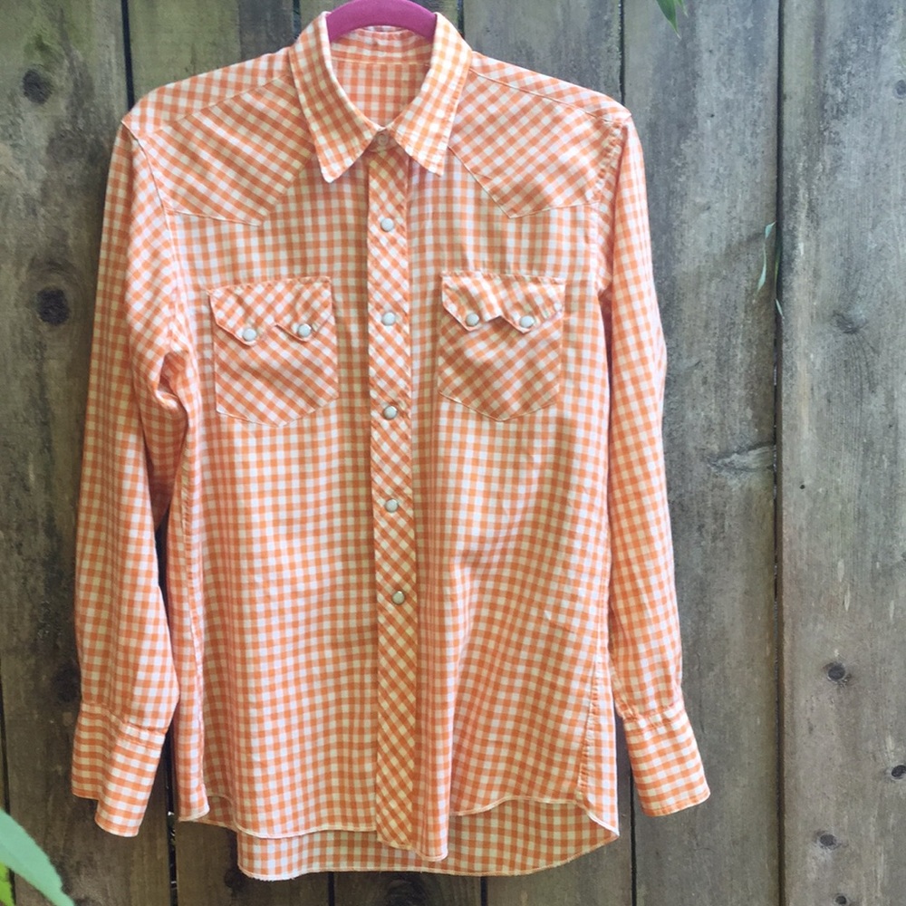 Unisex Vintage Orange/White Gingham Western Shirt - Picture 2 of 8